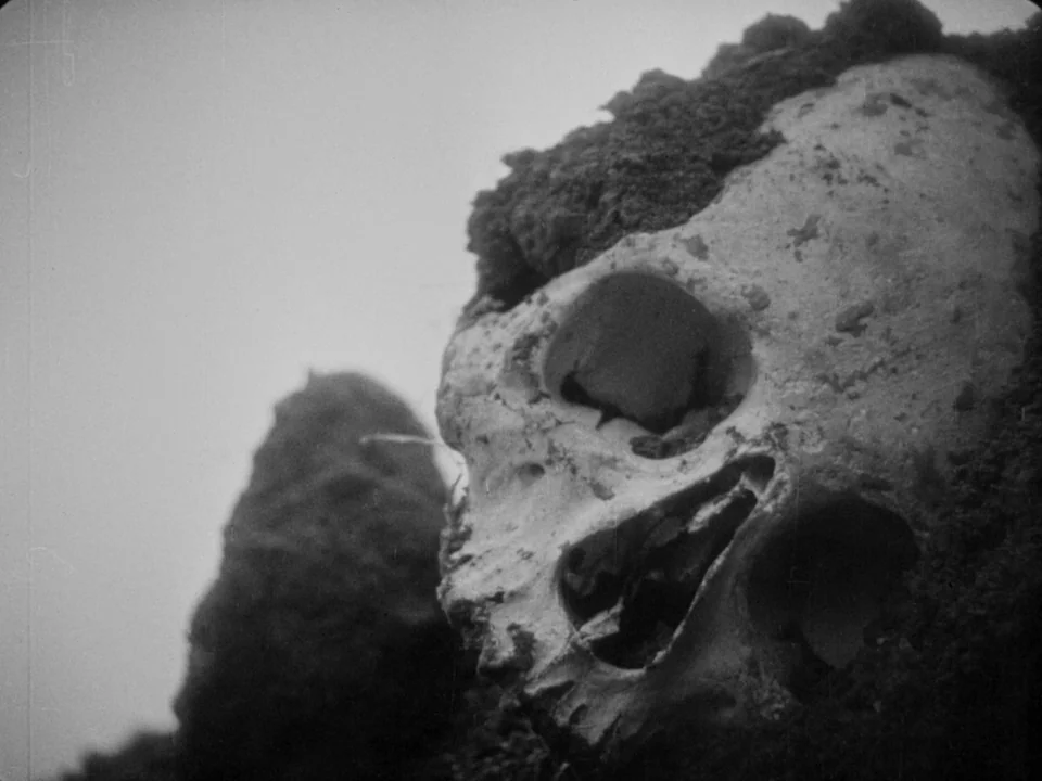 The Passion of Joan of Arc (1928) movie still: closeup — A human skull lies partially buried in a mound of dark, textured soil. The object is…