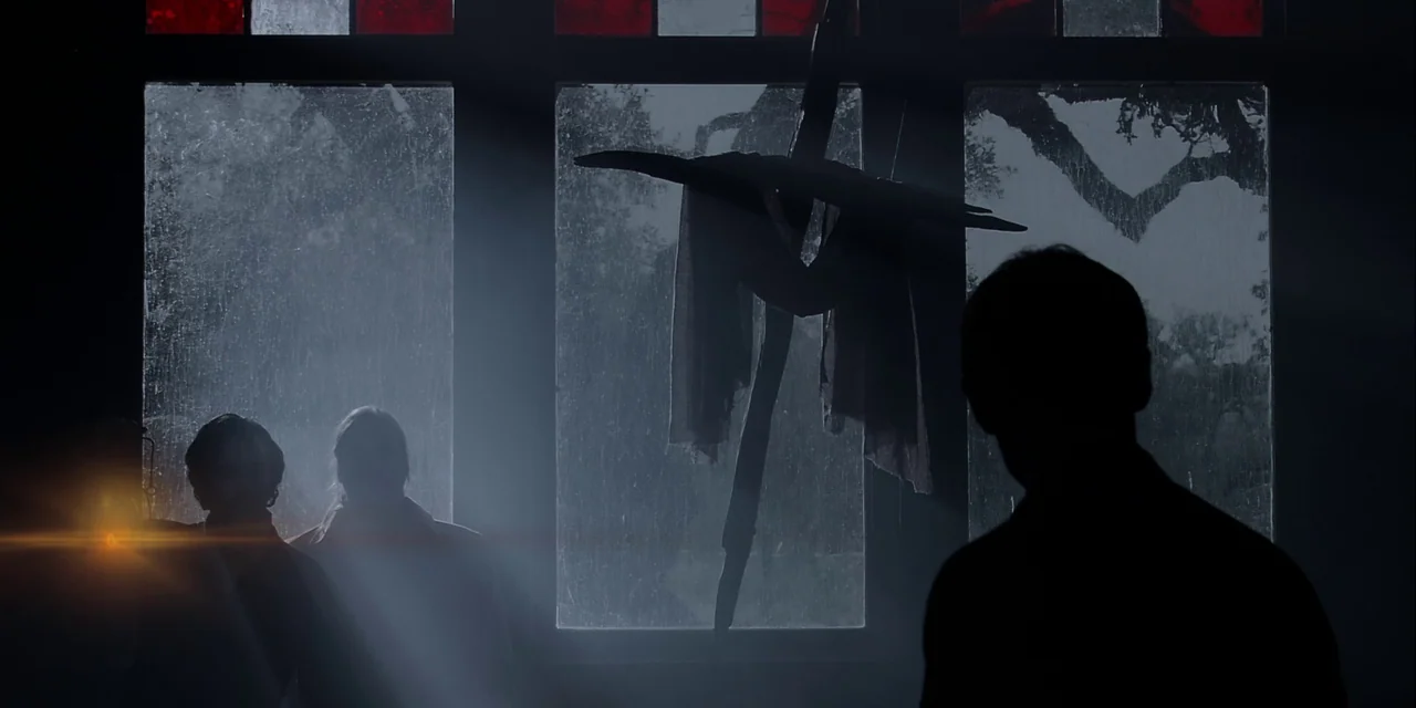 Twixt (2011) movie still: wide — A dark, dilapidated interior features large windows with small red glass panes at top. Three figures stand…