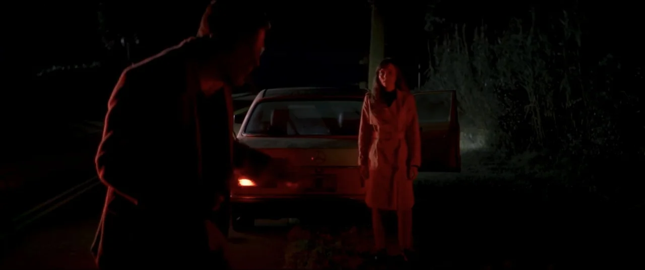Offseason (2022) movie still: fullbody — A dark rural road at night features a sedan parked with its doors open. A man in a dark blazer confronts a…
