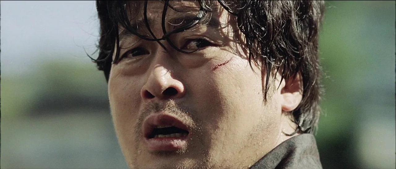 The Chaser (2008) movie still: closeup — An outdoor setting with blurred green vegetation in the background under natural daylight. A middle-aged…