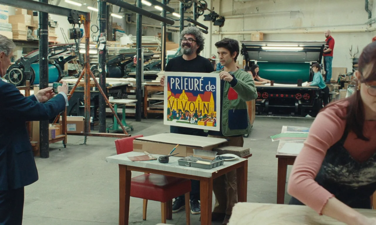 Passages (2023) movie still: medium — A spacious industrial print studio contains large printing machines and wooden work tables. Two men hold a…