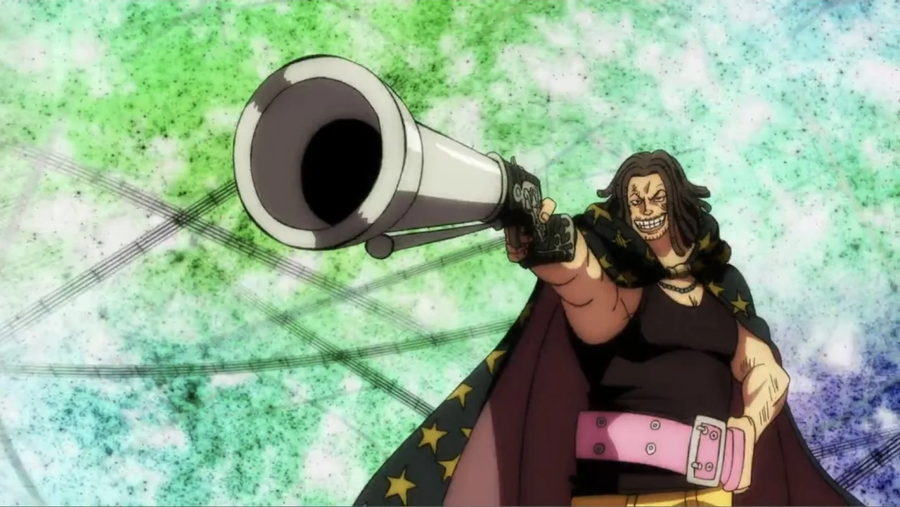 One Piece Film Red (2022) movie still: medium — An abstract, color-shifted background features geometric line patterns throughout the frame. A man…