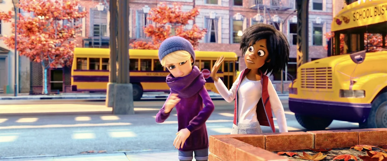 Happy Family (2018) movie still: medium — A city street in autumn features two teenagers standing near a brick planter. A yellow school bus is…