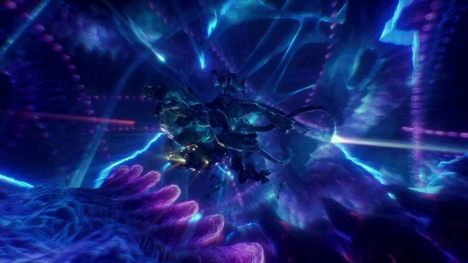 Pacific Rim (2013) movie still: wide — An abstract, dark environment filled with pulsating neon blue and purple organic energy structures. Light…