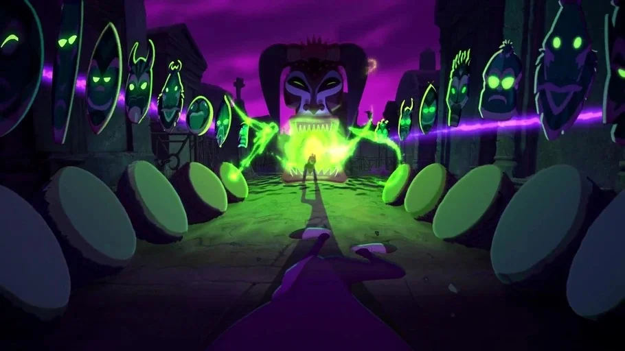 The Princess and the Frog (2009) movie still: wide — A night cemetery features rows of drums and floating masks lining the stone path. A large…