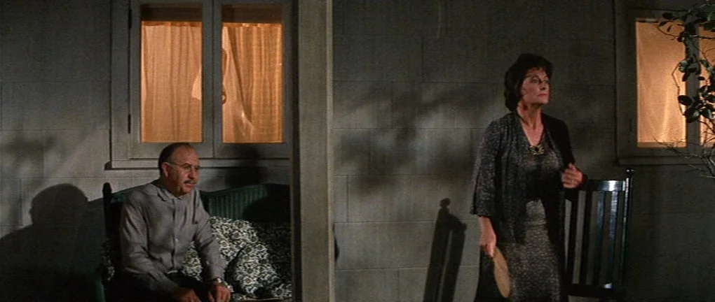 Wild in the Country (1961) movie still: fullbody — A suburban house exterior with concrete block walls and two windows glowing with light. A…