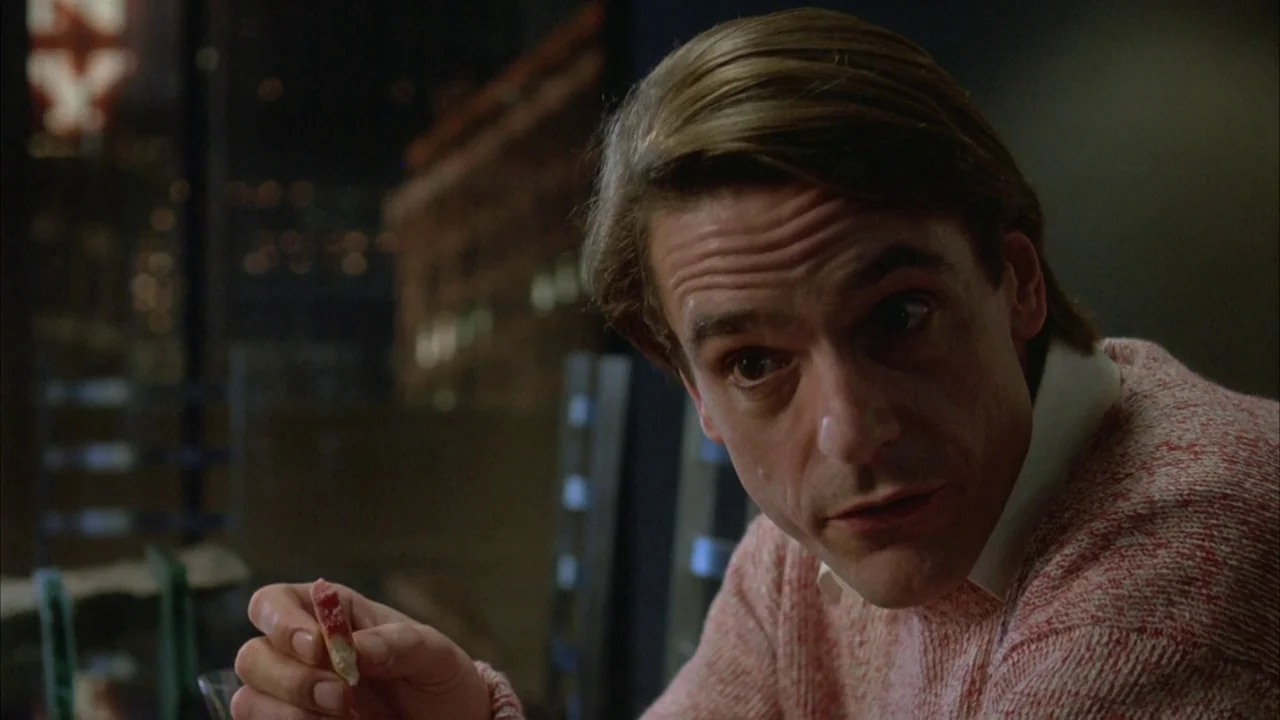 Dead Ringers (1988) movie still: closeup — A dark apartment interior at night with city lights visible through a large window. A man in a knit…