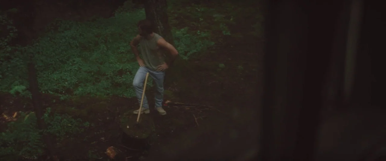 The Strange Ones (2017) movie still: fullbody — A man stands in a dense area of lush green vegetation and trees. He leans on a large splitting maul…