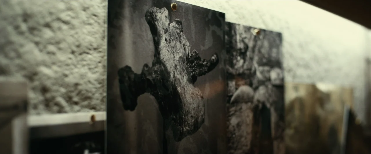 The Case for Christ (2017) movie still: closeup — A textured wall displays mounted photographs of dark, ancient fossilized bone structures. Small…