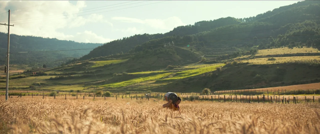 The Monk and The Gun (2023) movie still: wide — A vast, rolling wheat field extends toward green mountains under a bright cloudy sky. A person…