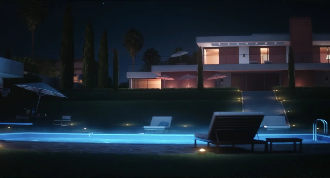Sing (2016) movie still: establishing — A modern luxury home with a swimming pool at night is visible from the backyard. The house sits on a raised…
