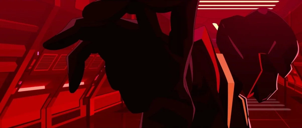Star Wars: Visions (2021) movie still: closeup — A dark corridor interior features parallel wall panels glowing with intense crimson light. A lone…