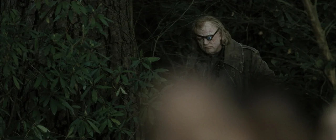 Harry Potter and the Goblet of Fire (2005) movie still: medium — A dense patch of dark woodland features a massive gnarled tree in the foreground. A…