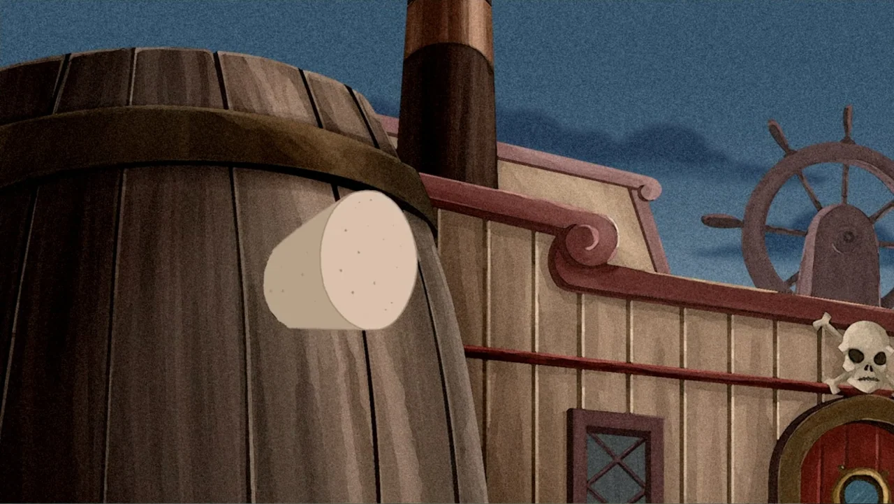Tom and Jerry: Shiver Me Whiskers (2006) movie still: medium — A cartoon ship deck features a large wooden barrel and a tan cabin wall. A dark…