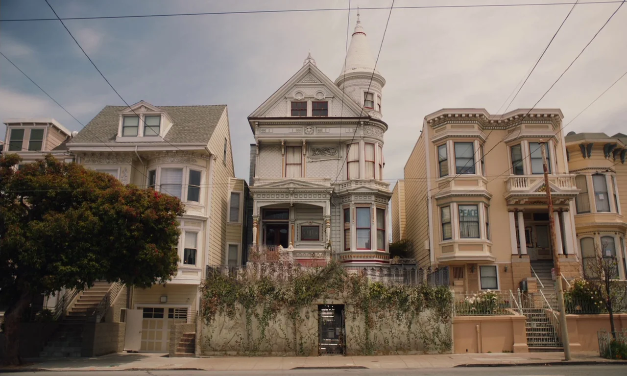 The Last Black Man in San Francisco (2019) movie still: establishing — A row of Victorian style houses in San Francisco features bay windows and…