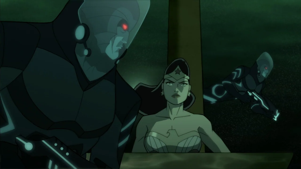 Justice Society: World War II (2021) movie still: medium — An underwater environment features dark, murky water and structural supports in the…
