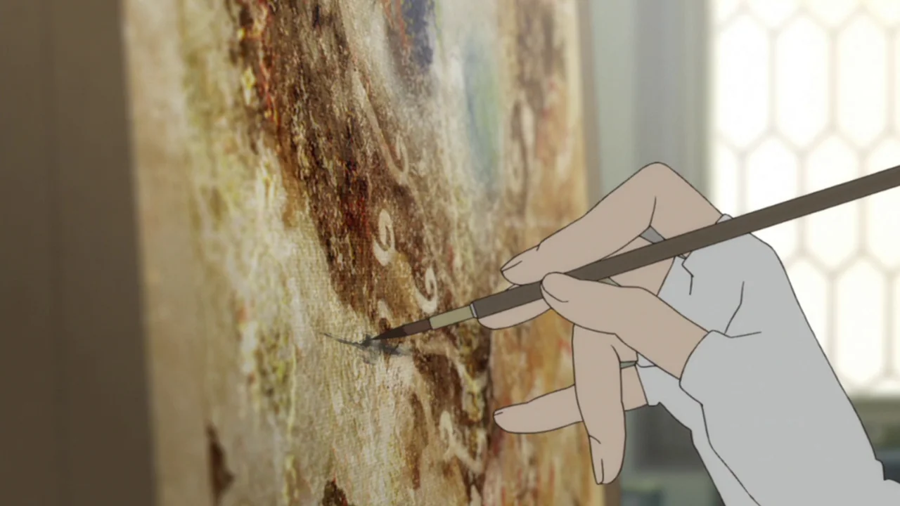 The Girl Who Leapt Through Time (2006) movie still: closeup — A textured canvas displays intricate brown painted patterns on a neutral background. A…