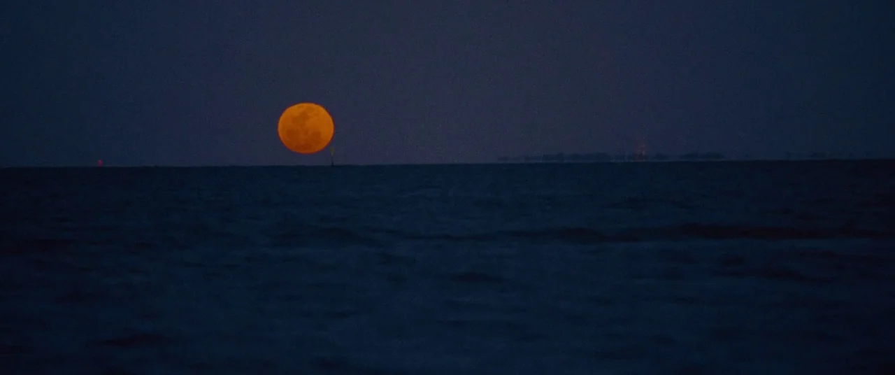 Spring Breakers (2012) movie still: establishing — A vast, dark expanse of ocean stretches beneath a nearly black night sky. A large, orange full…