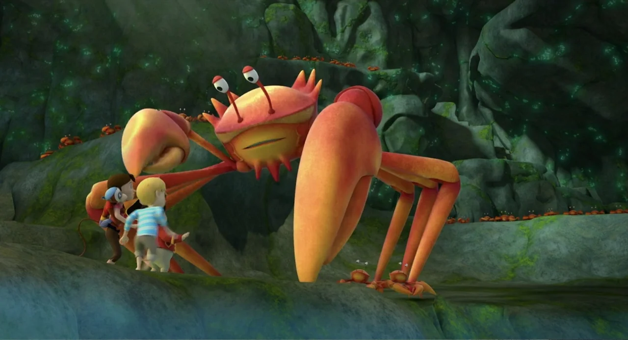 Capt'n Sharky (2018) movie still: medium — A rocky grotto with mossy walls and small glowing cyan spots of light. A boy and a girl stand face to…