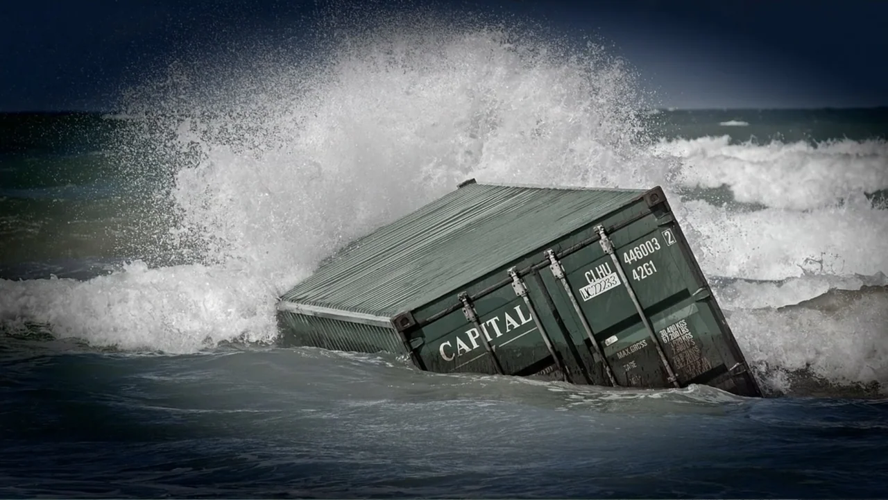 Jaws in the Shallows (2023) movie still: medium — A green metal shipping container sits partially submerged in churning ocean surf near shore. Waves…