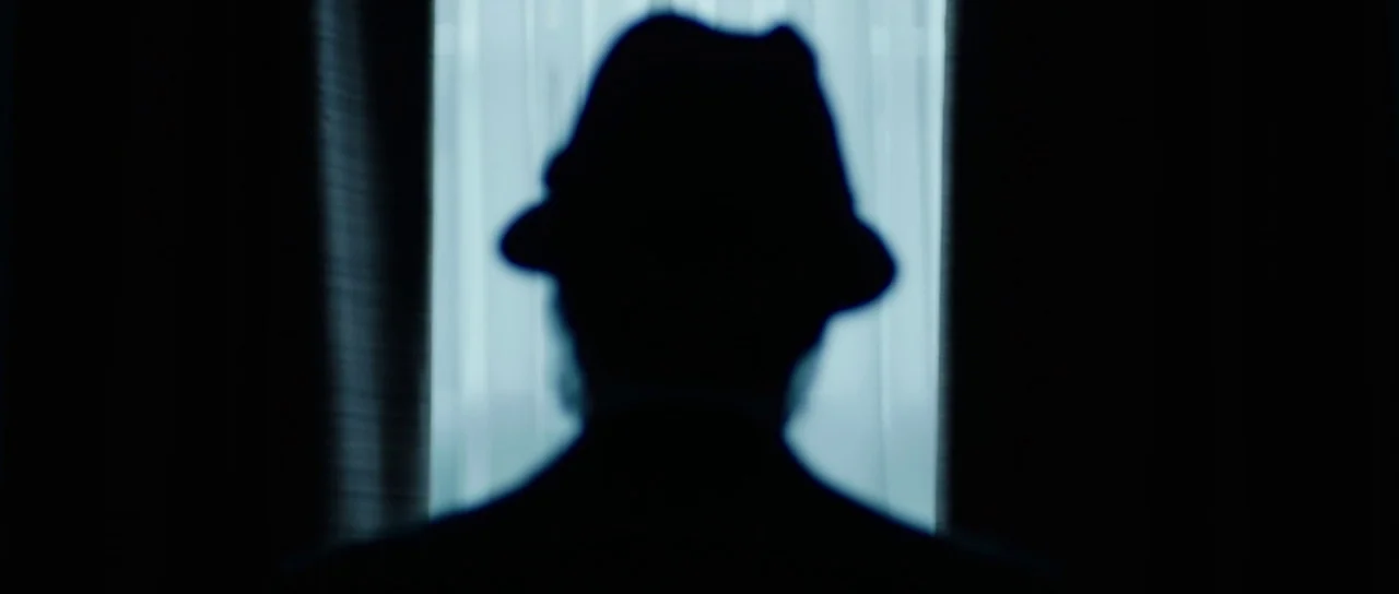 American Animals (2018) movie still: medium — An interior space faces a bright window covered by translucent white curtains. A person wearing a hat…