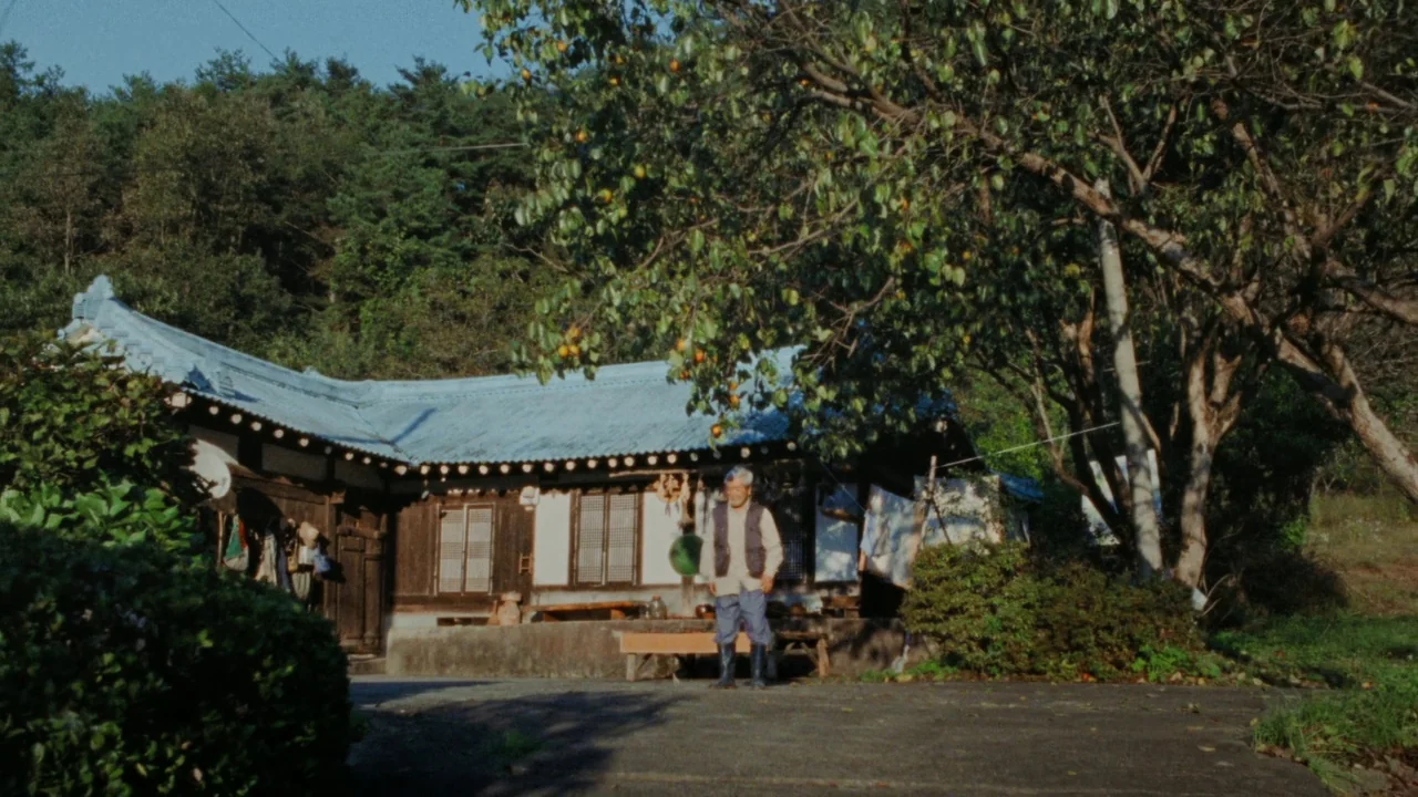 Riceboy Sleeps (2022) movie still: wide — A traditional wooden house with a blue tiled roof stands against a forested hillside. An elderly man…