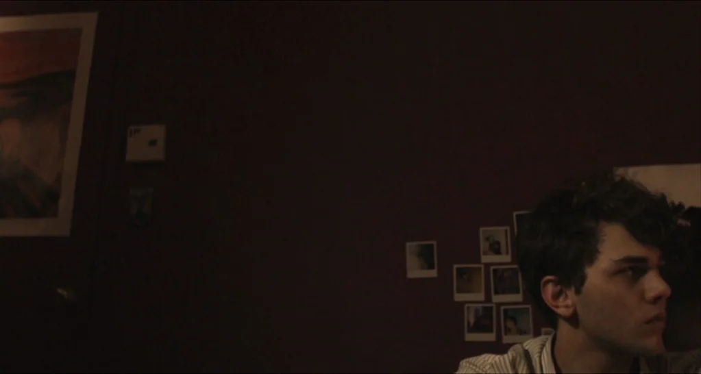 I Killed My Mother (J’ai tué ma mère) (2009) movie still: medium — A dark room features a brown wall decorated with several small square polaroid…