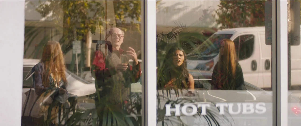 Kajillionaire (2020) movie still: wide — A suburban storefront window displays reflected palm leaves and a white van parked outside. Four people…