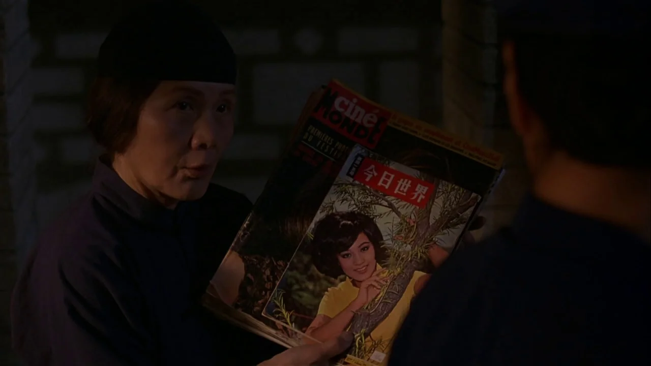M. Butterfly (1993) movie still: medium — A dimly lit interior space with a brick wall visible in the background shadow. An elderly woman holds up a…