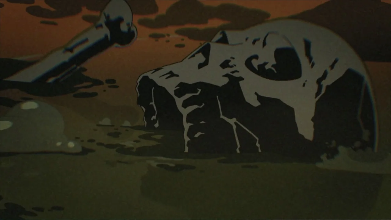 Batman: Gotham Knight (2008) movie still: closeup — A dark, murky pool contains a large skull and a femur bone. The horizon glows with an orange…