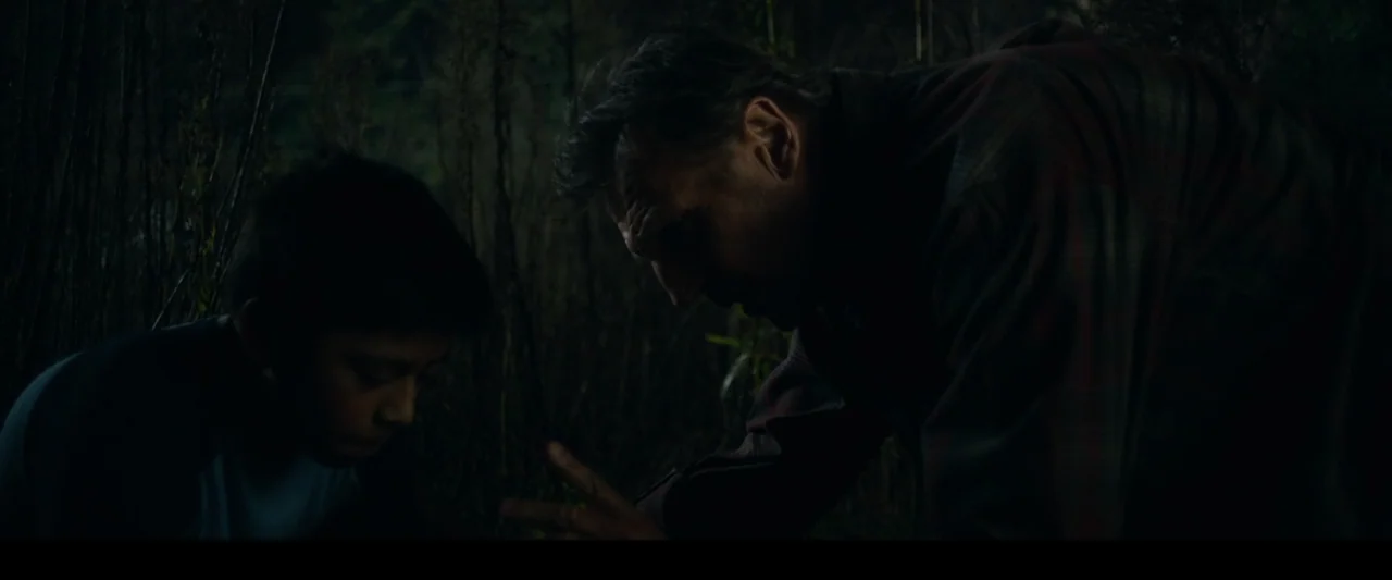 The Marksman (2021) movie still: medium — An outdoor area at night filled with tall, dark, silhouetted vegetation and dense brush. An older man…