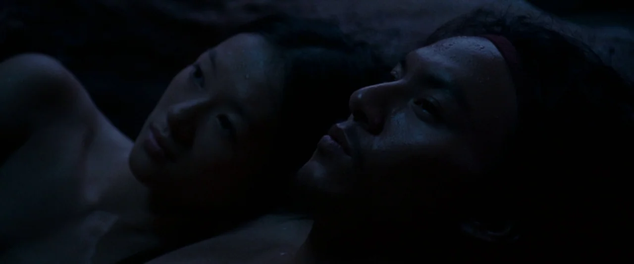 Crouching Tiger, Hidden Dragon (2000) movie still: closeup — A man and a woman lie side by side in a dark, confined rocky space. The faces are…