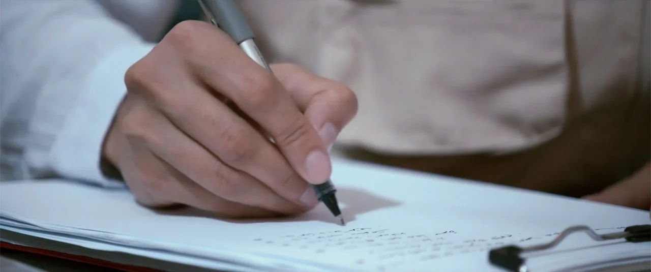 Simple as Water (2021) movie still: closeup — A close view of a person writing on a sheet of paper with a black pen. The paper sits on a white…