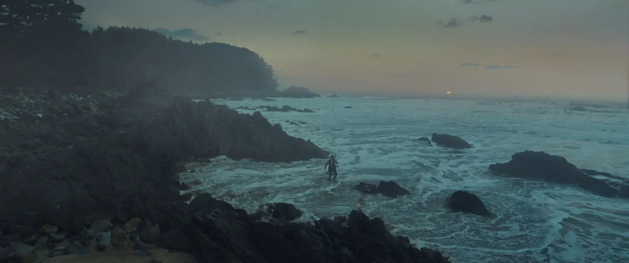 Decision To Leave (2022) movie still: wide — A rugged, rocky shoreline stretches along a misty sea under a fading twilight sky. A lone person in a…