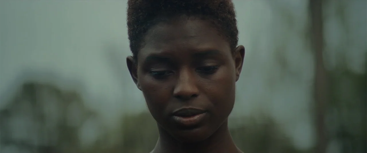 Queen & Slim (2019) movie still: closeup — An outdoor setting with a soft, out-of-focus natural background. A woman with short hair looks down…
