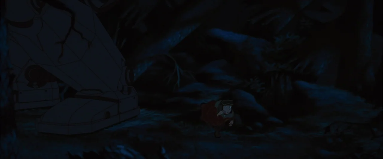 The Iron Giant (1999) movie still: wide — A dark night scene in a thick forest with heavy foliage shadows. A small girl in a hooded jacket crouches…