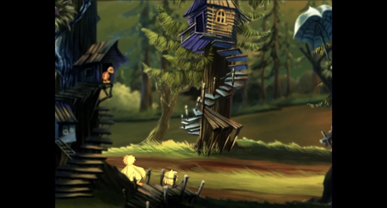 The Sissy Duckling (1999) movie still: wide — A dense forest environment features several wooden dwellings built into large tall trees. Two small…