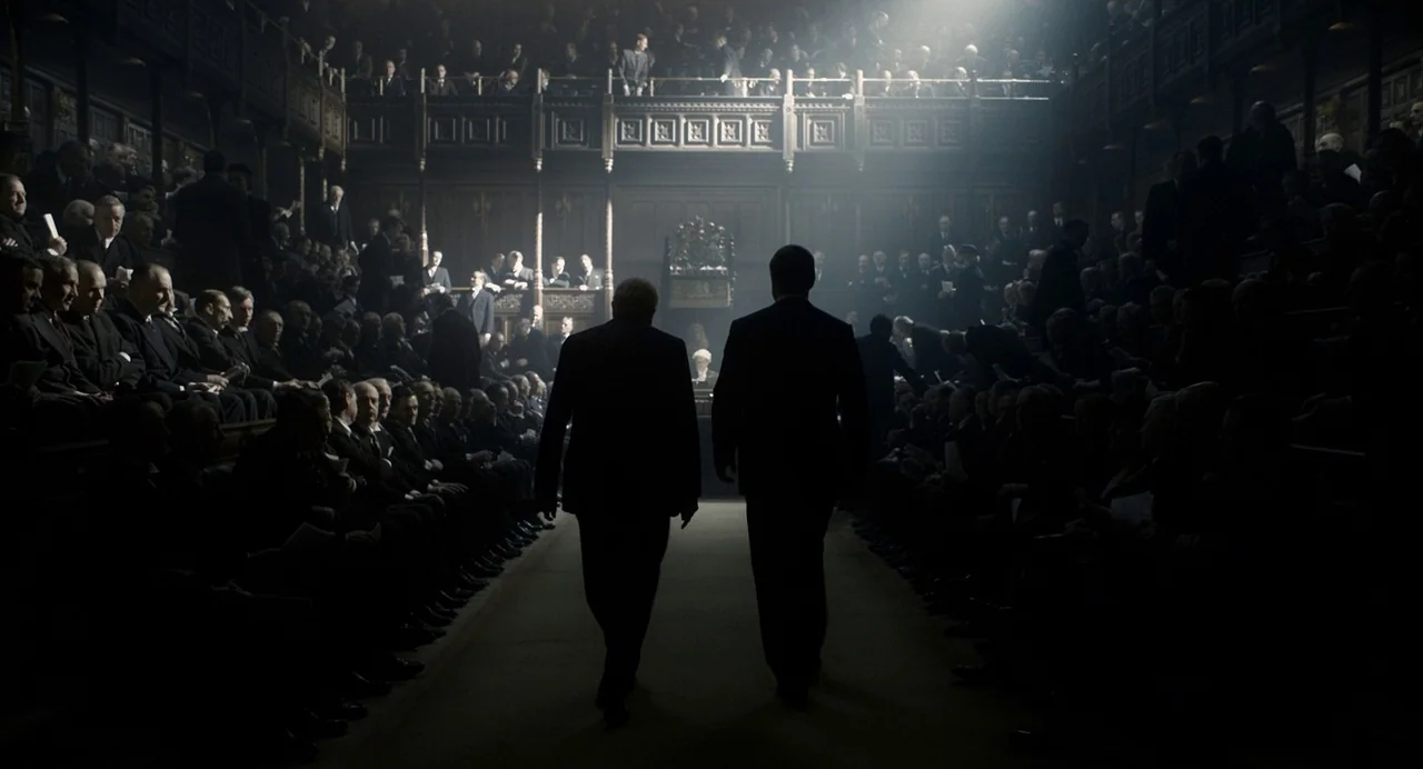 Darkest Hour (2017) movie still: fullbody — A dense legislative chamber features dark wood paneling and rows of seated men in suits. Two men walk…