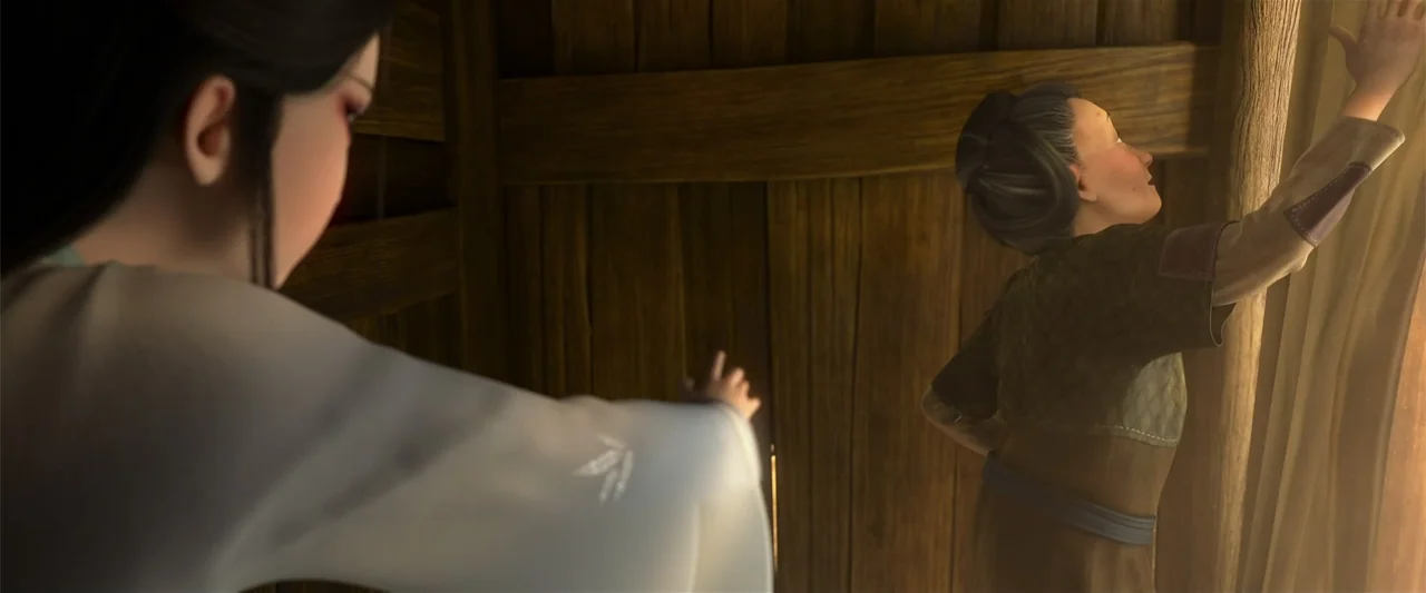 White Snake (2019) movie still: medium — A rustic interior with dark vertical wooden plank walls and a single window. A younger woman in a light…