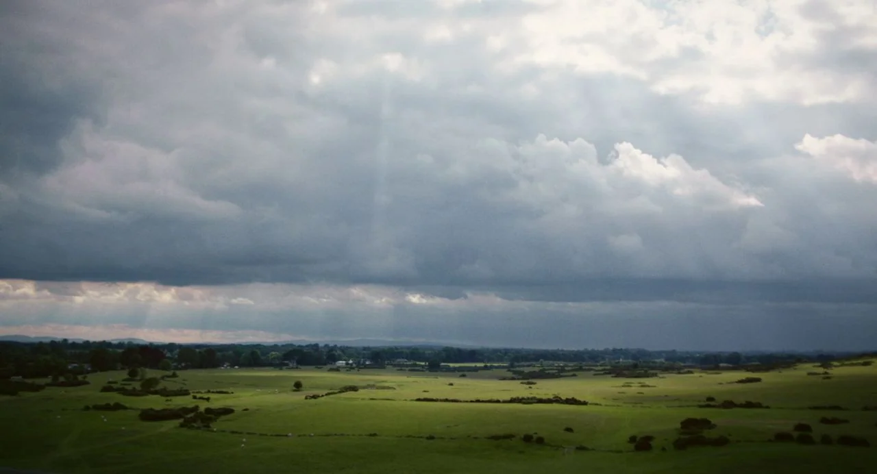 Dating Amber movie still: establishing — A vast, rolling green meadow stretches toward a distant tree line under heavy clouds. Sunbeams penetrate…