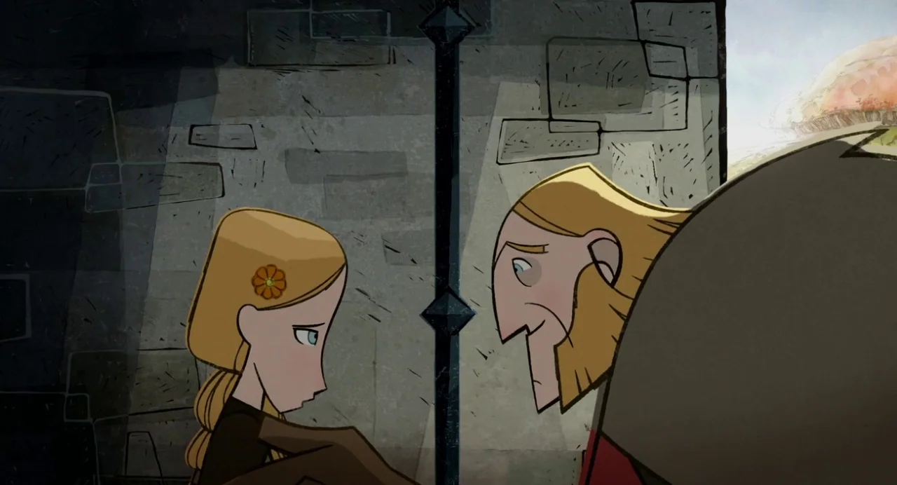 Wolfwalkers (2020) movie still: medium — A stone-walled interior with geometric patterns and a vertical dark support beam. An older blonde man…