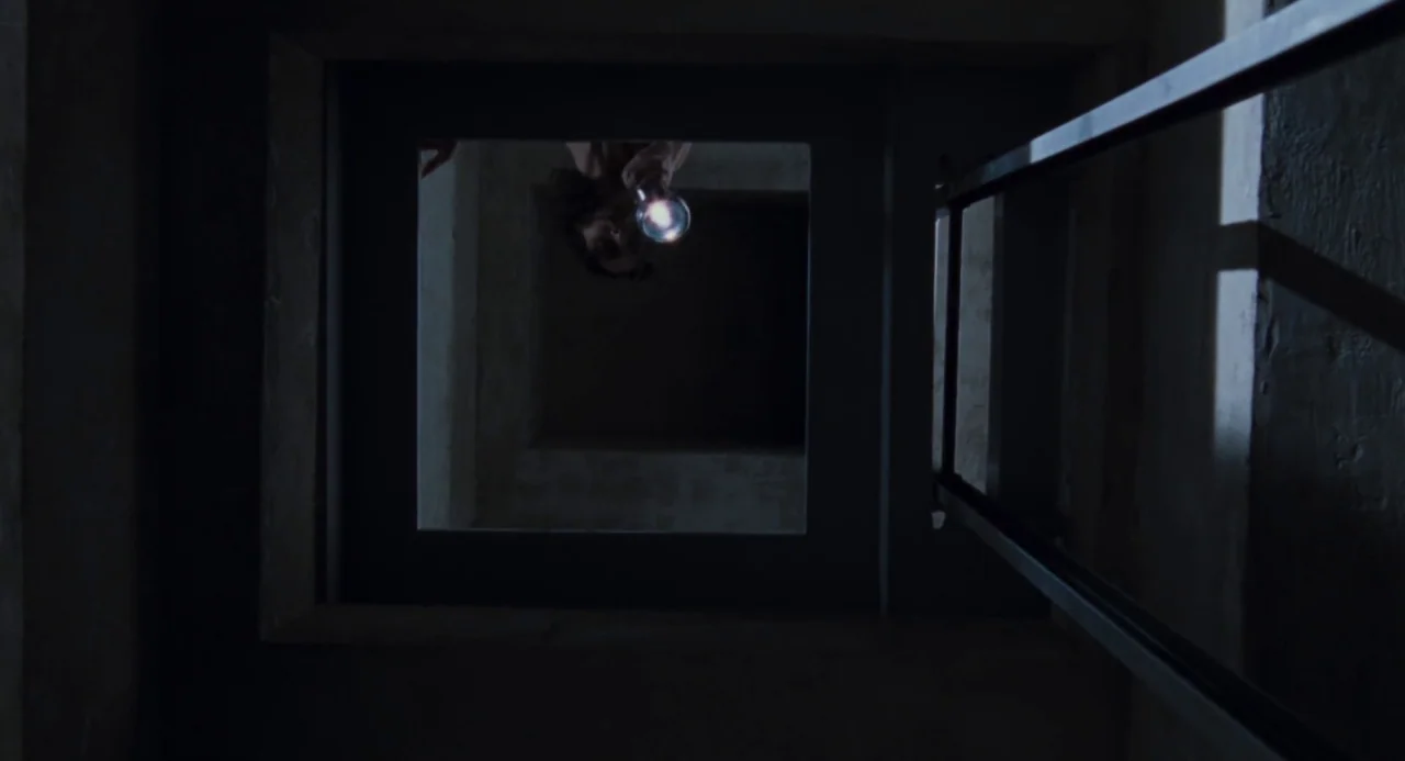 Martyrs (2008) movie still: wide — A dark, vertical shaft with a concrete frame viewed from deep within the abyss. A woman looks down from above…