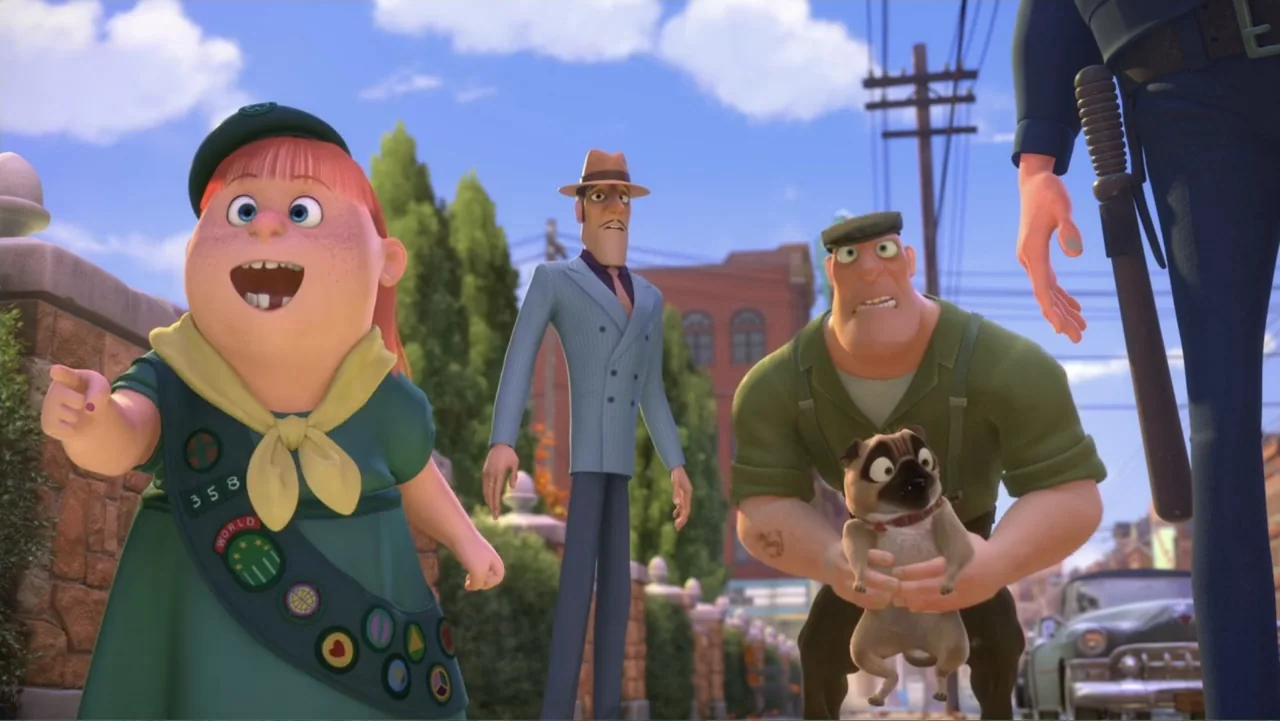 The Nut Job (2014) movie still: fullbody — A residential street with a brick wall and trees under a clear blue sky. A young girl, a man in a suit,…