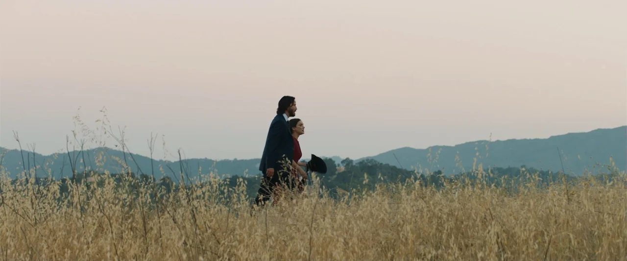 Destination Wedding (2018) movie still: fullbody — An open field with tall dry grass under a pale sunset sky. A man in a suit and a woman in a dress…
