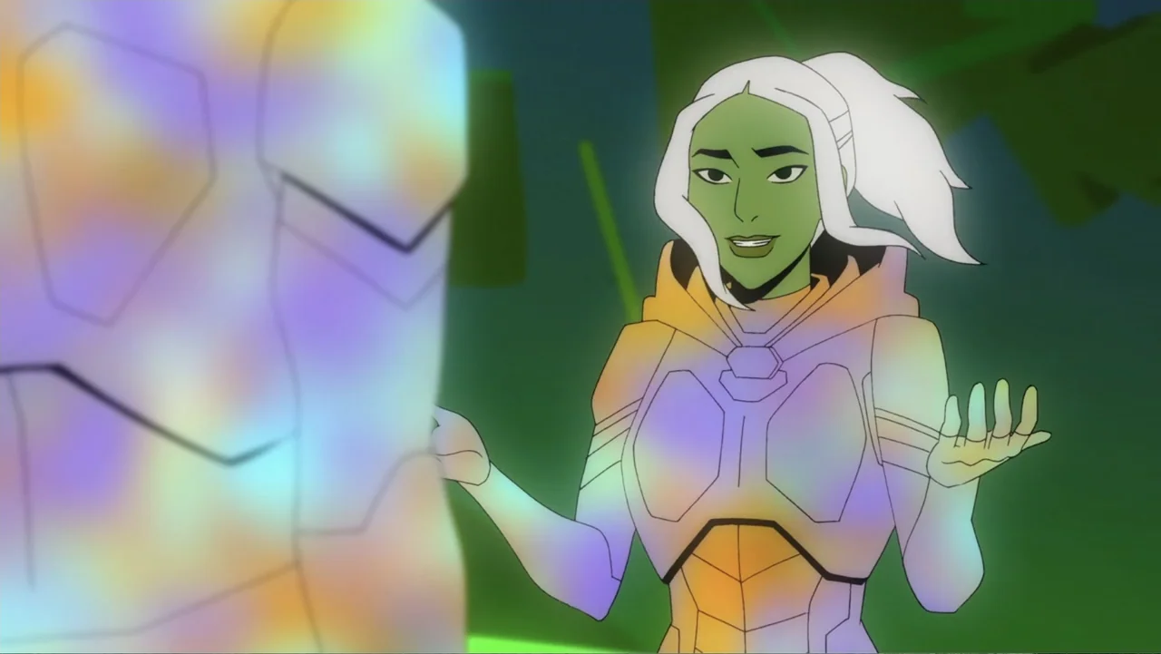 Deathstroke: Knights & Dragons - The Movie (2020) movie still: medium — A dark indoor space features a green-skinned woman interacting with an…