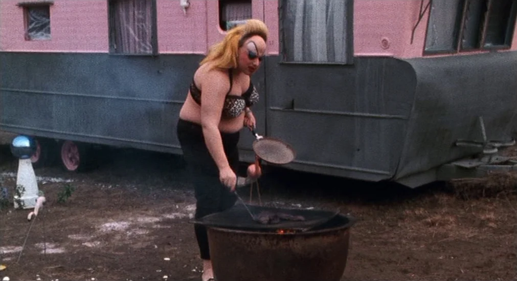 Pink Flamingos (1972) movie still: fullbody — A pink and grey trailer sits on a dirt lot with a charcoal grill. A person in a leopard print bra…