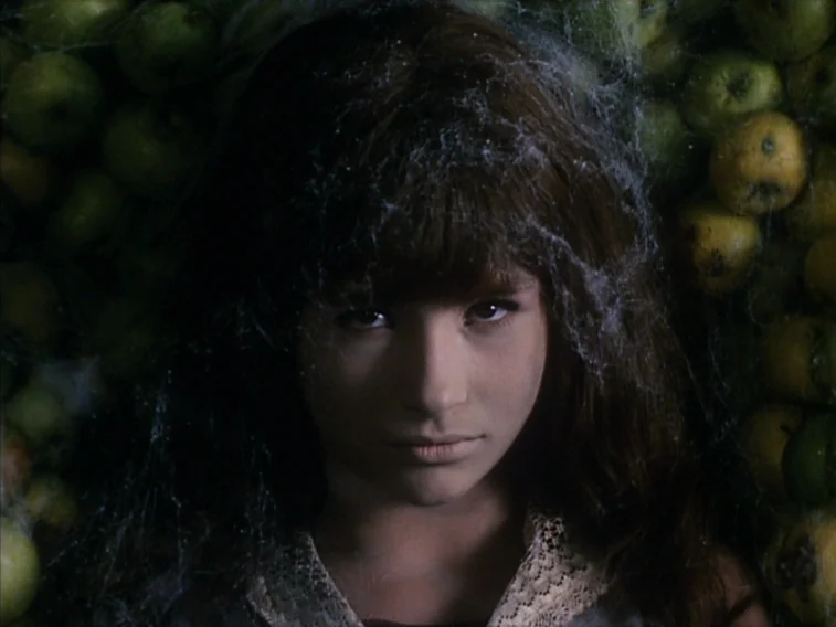Valerie & Her Week of Wonders (1970) movie still: closeup — A young girl is positioned in front of a wall of stacked green apples. White cobwebs…