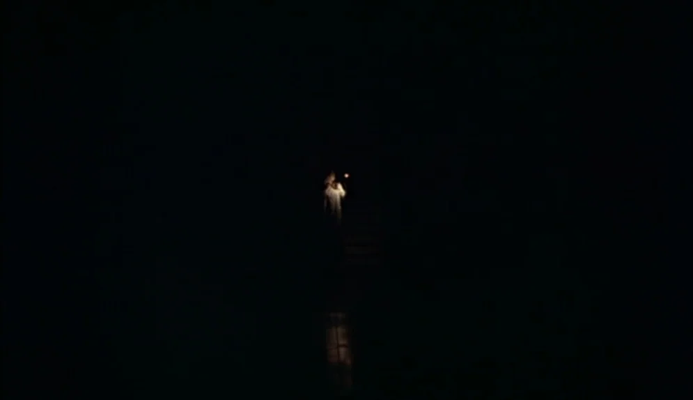 The Beguiled (1971) movie still: wide — A figure stands at the top of a staircase enveloped in absolute darkness. The person is holding a small…