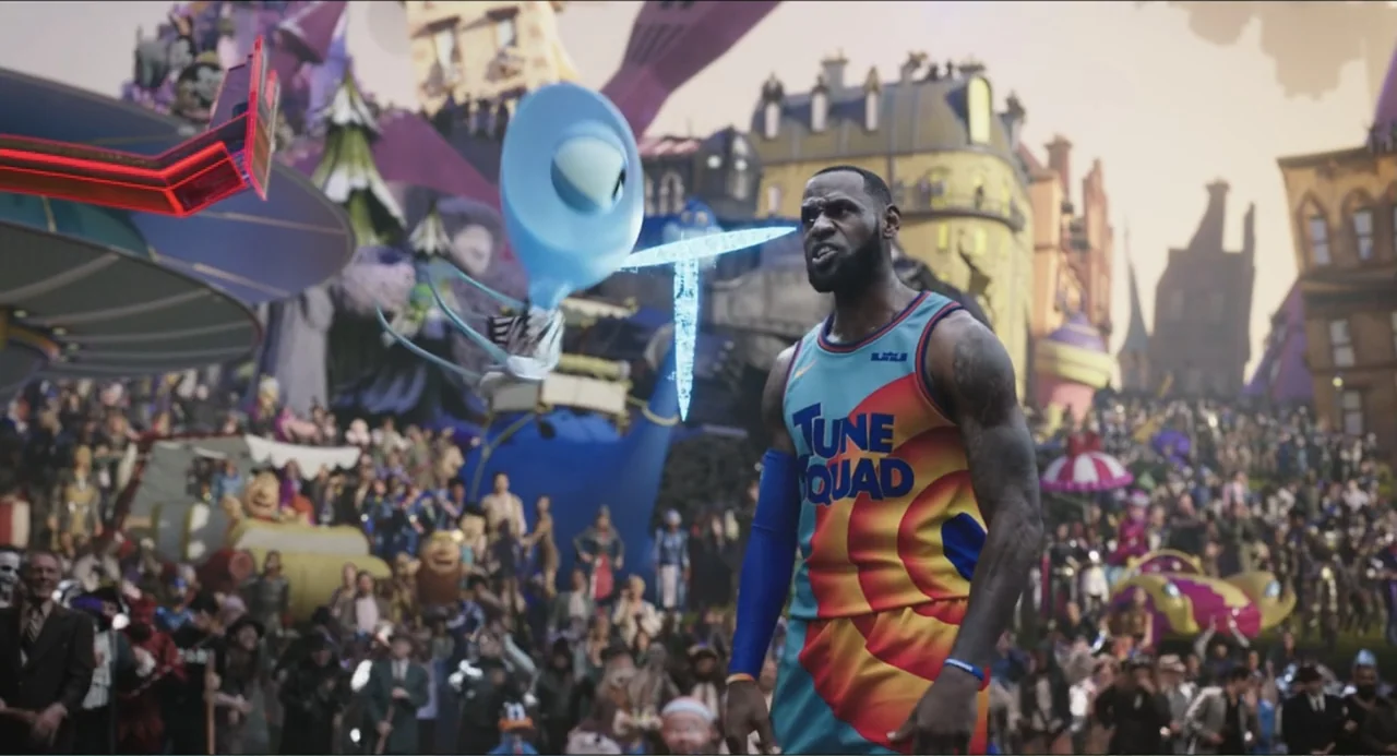 Space Jam: A New Legacy (2021) movie still: medium — A fantastical town square packed with various animated characters in a brightly lit…