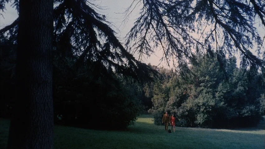 Four Times that Night (1971) movie still: wide — A wide outdoor park space features a large dark foreground tree and dense shrubbery. Two small…